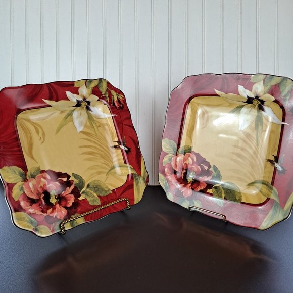 Set of (2) 222 Fifth Plates Hummingbird Tropical Floral 11" - Picture 2 of 8